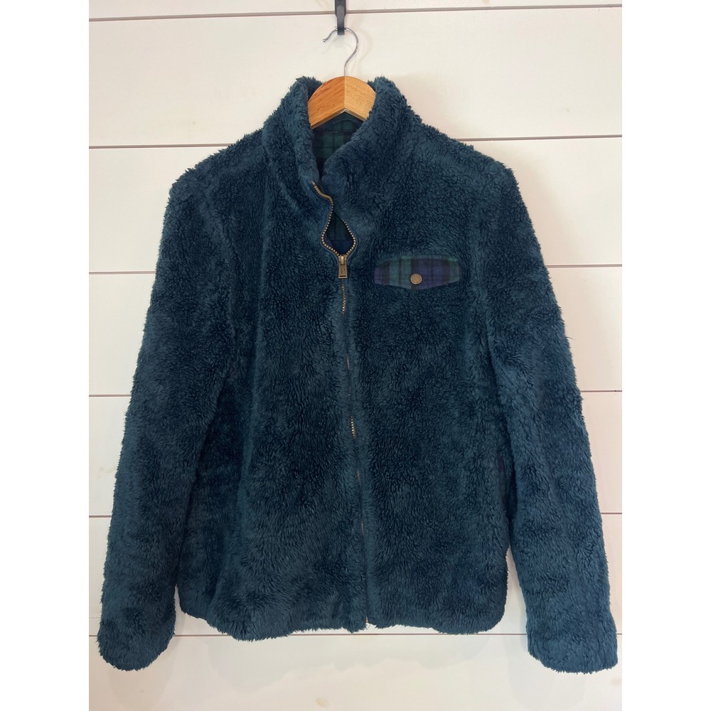 Pendleton Womens High Pile Fleece Jacket Teal Blue Plaid Trim Full Zip Large